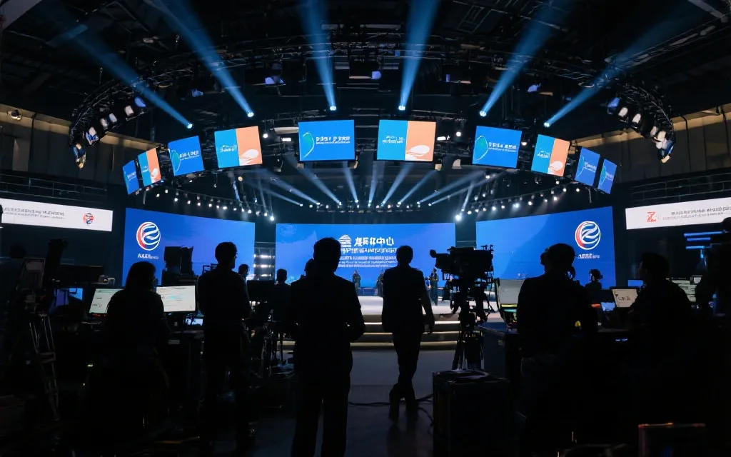 世界杯决赛媒体区与转播制作氛围示意图