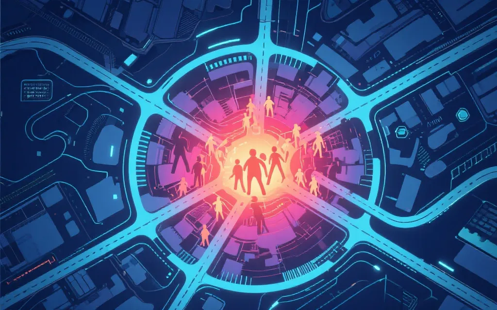 城市交通网络与球迷人流数据可视化风格插画